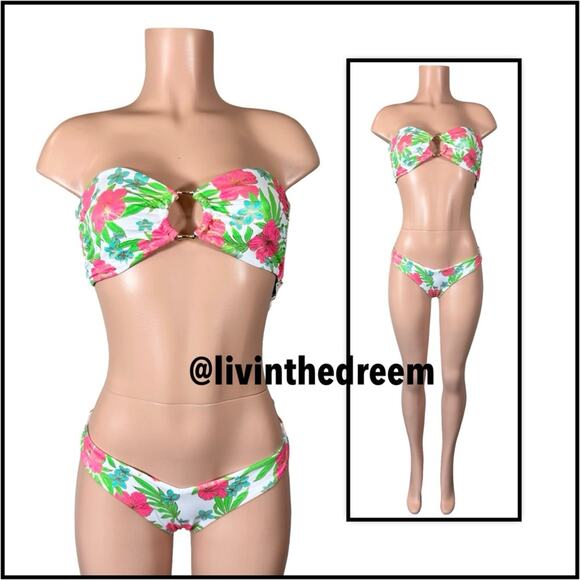 Beach Bunny Bethany Bandeau XL & Bethany Tango Bottom L Pink Jungle Floral $218 - Picture 3 of 14